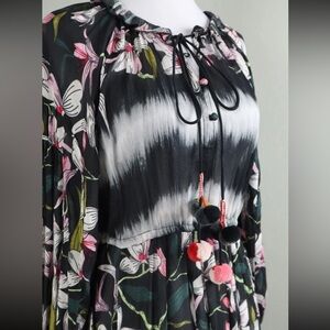 Anthropologie Blank London Pom Pom Floral Crepe Midi Long Sleeve Dress size S